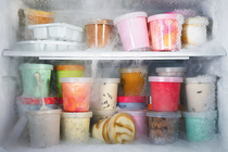 Pints of ice cream in a freezer