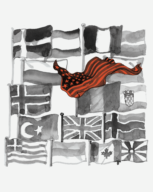 illustration of black-and-white painted flags of NATO countries flying on flagpoles with a red U.S. flag falling loose in front of them