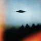 A painting of a UFO in the sky above a tree line.