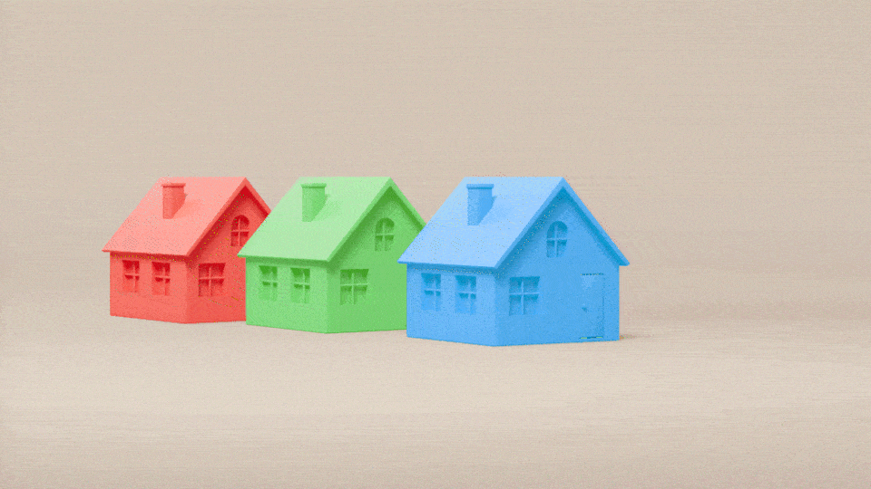 Gif of houses in a row that keeps expanding as the houses swap colors with one another