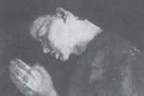A black and white illustration of a woman in prayer