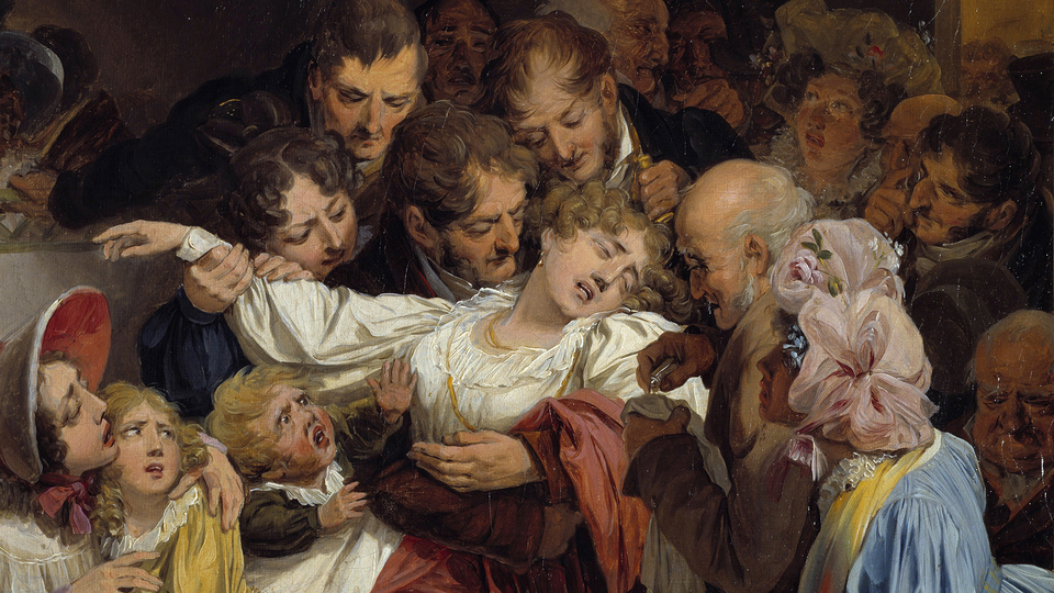 A painting of a swooning woman being caught by a group of people