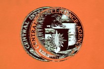 Illustration of a pixelated and duplicated C.I.A. seal in front of an orange background