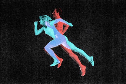 A man and a woman racing each other.