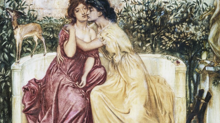 A painting of two women cuddling on a settee