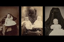 Black-and-white portraits of babies held by women hidden behind fabric
