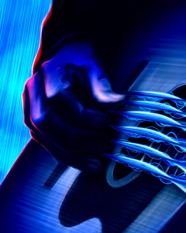 close-up of hand playing guitar in blue color