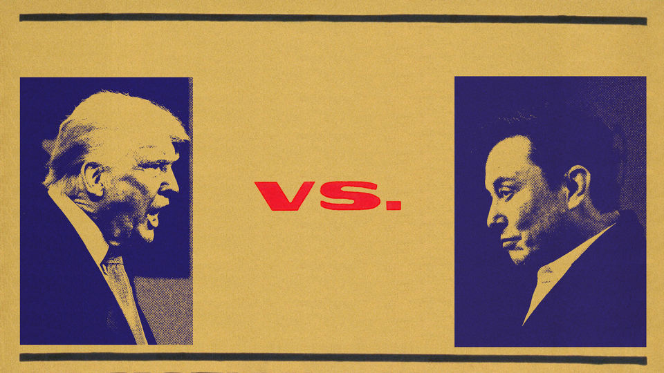 An illustration of President Trump and Elon Musk facing each other with a "vs." between the images