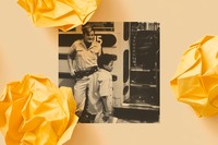 A black-and-white photo shows a young Black student boarding a school bus while a white police officer stands by the door of the bus.