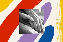 Black-and-white image of two hands holding