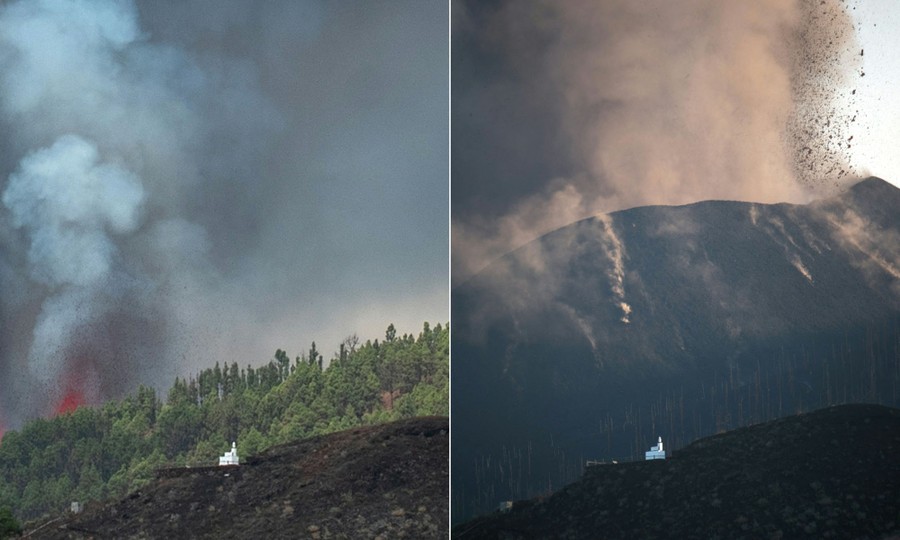 A combination of two photos showing the growth of a volcanic cone around an eruption.