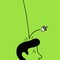 Drawing on bright-green background of top of person's head with acorn bouncing off