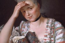 A painting of an exasperated woman holding a book