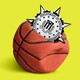 A spiky Department of Justice seal embedded in a deflating basketball