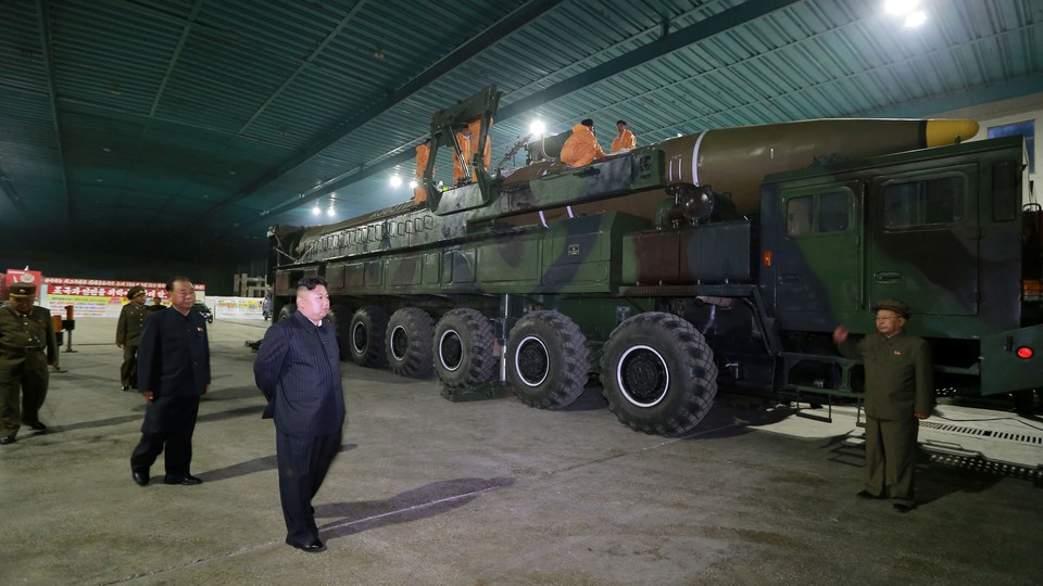 Kim Jong Un inspects the intercontinental ballistic missile Hwasong-14. 