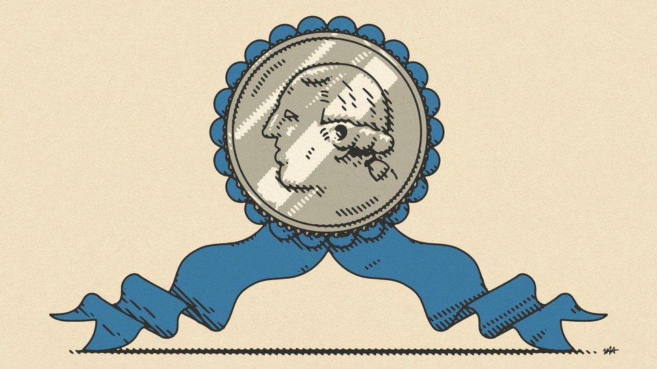 A coin as part of a blue ribbon
