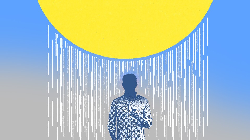 An illustration of a guy on his phone standing in rain showers.