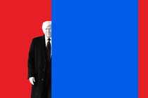A blue-colored rectangle covering half of President Donald Trump standing against a solid-red background