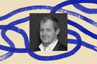 A black-and-white photo of Alastair Campbell bordered by an illustration