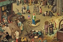 illustration based on painting of busy medieval village with person in modern dress in center of swirl in the middle, carrying a U.S. flag