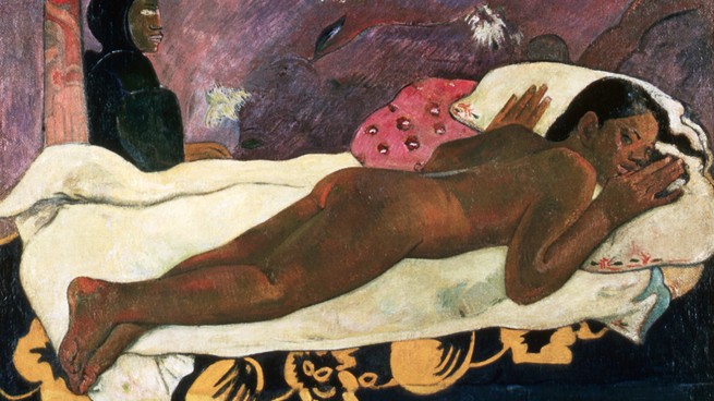 painting of a girl lying on her stomach on a bed with a figure in the background watching