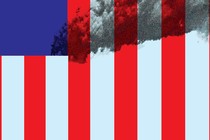 Illustration with blue rectangle at top left and red/white vertical stripes, in which 2 white bars and a cloud of smoke form the shape of the World Trade Center