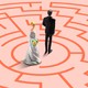 A bride and groom at the center of a maze