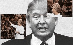 A black-and-white video of Trump talking while images of Hillary Clinton flash on the screen