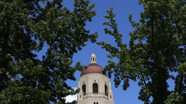 The top of a building, surrounded by trees