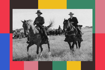 Still of Paul and George on horseback in "The Power of the Dog"