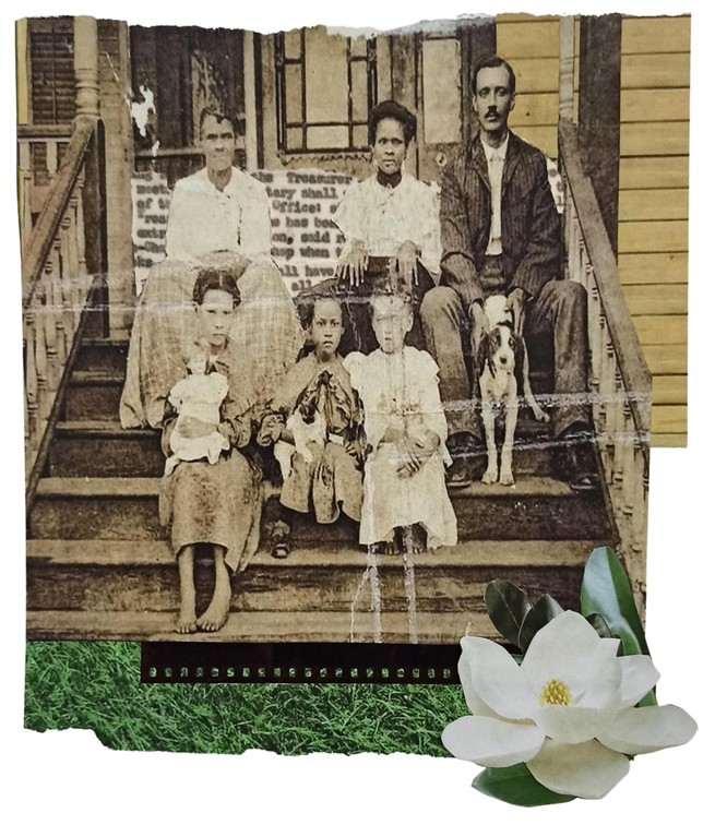A collage of a family sitting on the steps of a house, a magnolia, and green grass