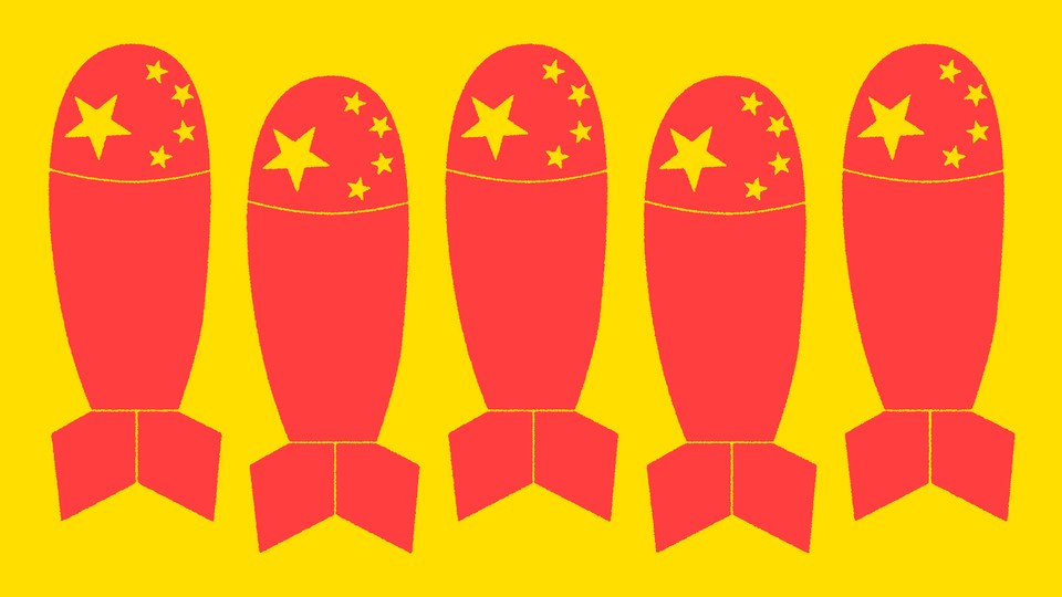 An illustration of five red nuclear bombs with warheads decorated as the Chinese flag