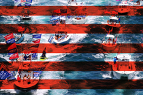 Illustration of Trump supporters on boats overlaid with horizontal red stripes