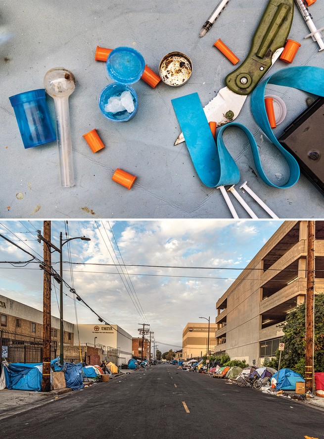 2 photos: meth paraphernalia including glass pipe, hypodermic needles and caps, knife; city street with tents crowded along both sides