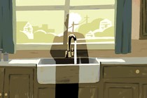Silhouette of a woman standing at a kitchen sink