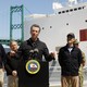 California Governor Gavin Newsom speaks in front of the hospital ship USNS Mercy that arrived into the Port of Los Angeles.