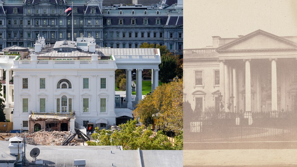 A diptych of the present-day demolished East Wing of the White House and a sepia-toned photograph of the old White House on the right