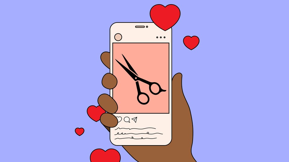 Cartoon drawing of a phone showing an Instagram image of scissors, with hearts floating nearby