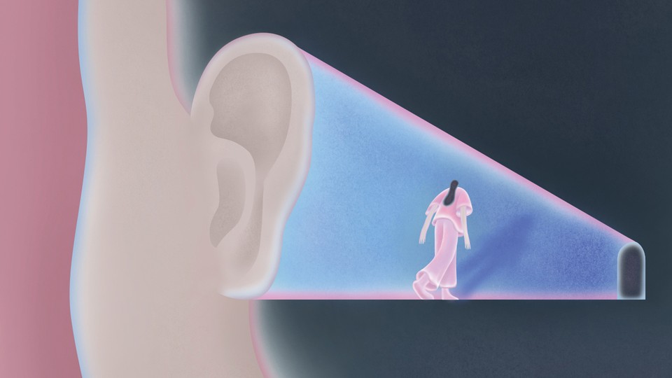 illustration of the head and neck of person with long dark hair facing away on pink background, with same figure dressed in pink walking through blue tunnel from ear into small door in center of head
