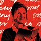 Illustration with black-and-white image of Bridget holding her diary, over a red background with white scrawled handwriting.