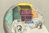 An illustration of a diagram of the human brain, with an image of a house occupying several regions of the diagram