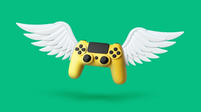 An illustration of a video game controller with wings