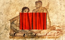 Illustration of an ancient fresco of two people having sex partially covered by a red curtain for modesty