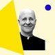 Father James Martin in black-and-white with colorful geometric shapes around him