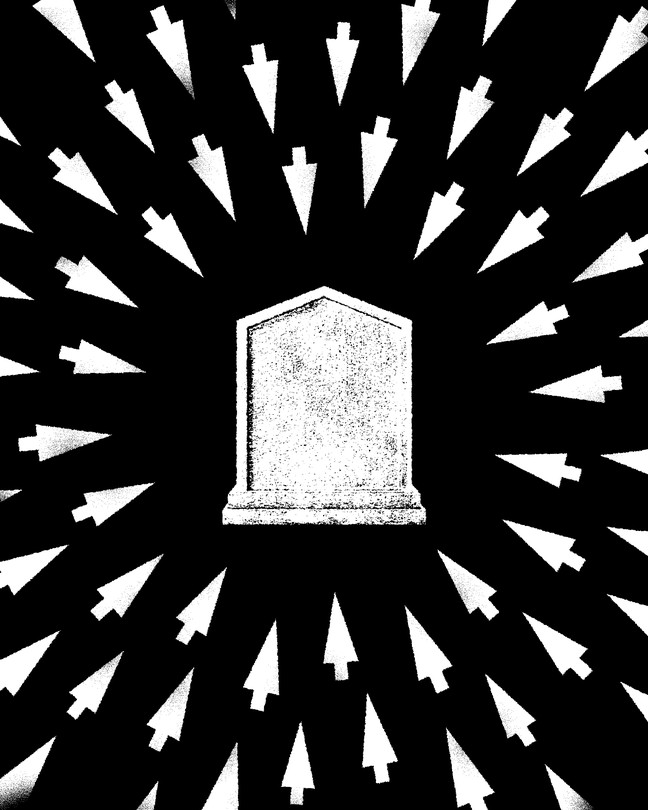 A tombstone surrounded by mouse cursors