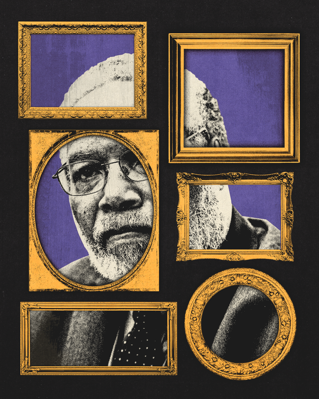 A graphic illustration showing a black-and-white photo of Lonnie Bunch split across various picture frames.