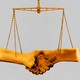 Illustration of a balanced scale holding two hands shaking.