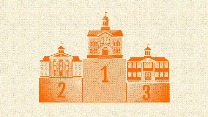 An orange-tinted illustration of a podium with little university halls on each place (first, second, and third)