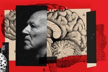 A collage showing photograph of Werner Herzog superimposed over a scientific illustration of a human brain.