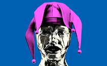A robot wearing a jester's hat